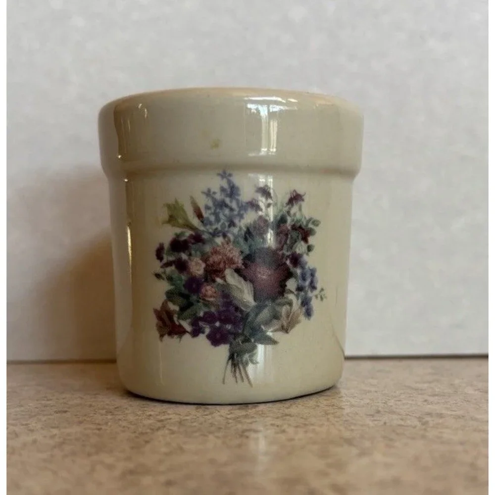 Ceramic Toothpick Holder Small Crock Floral Flowers 2 1/4